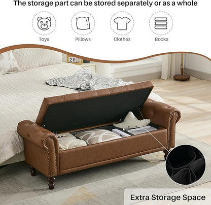 58.1'' Storage Bench Upholstered PU Leather End of Bedroom Bed Bench Ottoman with Tufted Cushioned Rolled Arm Large Storage Space for Reading Living Room Entryway, Brown