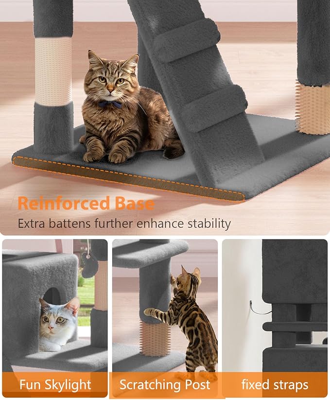 77'' Cat Tree Tower for Indoor Cats Large Adult, Cute/Tall Modern Cat Tree for Big Cats 20 lbs, Plush Multi-Level Cat Condo with Scratching Posts, Dangling Ball (Smoky Gray, 77 inch)
