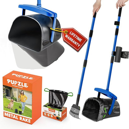 Dog Pooper Scooper with Bag Attachment, 40" Long Handle Pooper Scooper for Large Dogs, Dog Poop Scoop for Yard, Large Capacity Swivel Bin and Rake, Lavender Scented Bags (Blue)