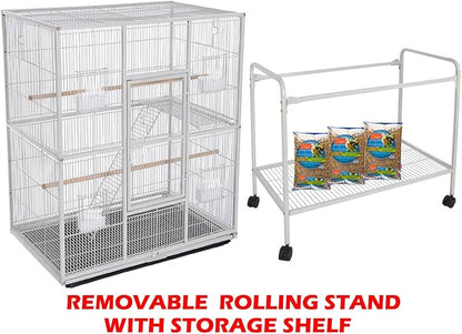 54" Large Double Birdhouse Breeder Bird Flight Cage with Center Divider Side Breeding Nest Doors Removable Rolling Stand (51" Length x 17" Depth x 54" Height, White Vein)