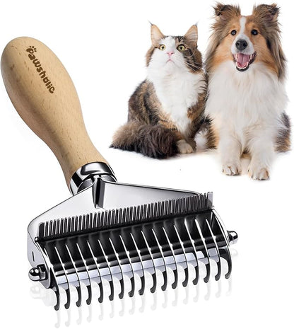 3-in-1 Professional Pet Shedding Dematting Comb - Deshedding Undercoat Rake for Dogs with Stainless Steel Blades Metal Pet Brush with Wood Handle Matted Hair Detangling Thinning and Shedding