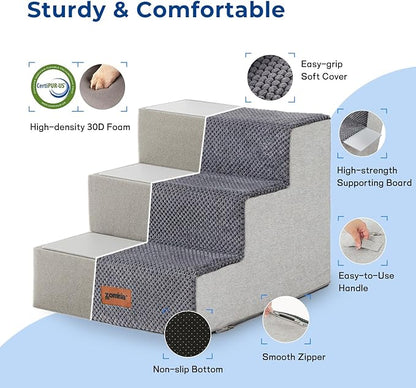 Dog Steps for Couch - Extra Wide Pet Stairs for Small Dogs and Cats, Dog Steps with Non-Slip Bottom Grey 3 Steps, Grey