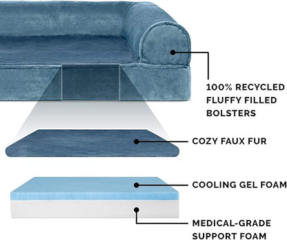 Furhaven Cooling Gel Dog Bed for Medium/Small Dogs w/ Removable Bolsters & Washable Cover, For Dogs Up to 35 lbs - Faux Fur & Velvet Sofa - Harbor Blue, Medium