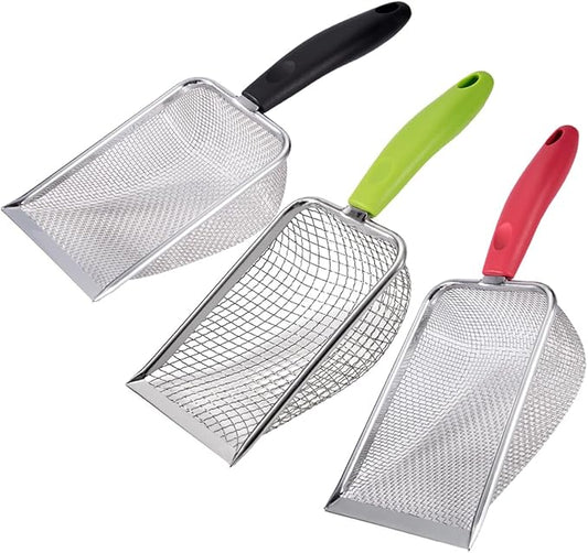 3PCS Cat Litter Scoop, Reptile Stainless Steel Fine Mesh,Litter Cleaner Corner Scoop Sand Sifter (Black-Green-Red)