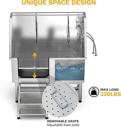 DWVO Professional Pet Dog Bathing Station for Grooming, 50'' Dog Grooming Bathtub with Left Stairs, Floor Grate, Faucet, Showerhead & Soap Holder for Large, Medium & Small Pets