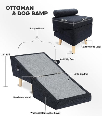 Dog Stairs for Small Dogs and Cats – 2-in-1 Dog Ramp for Bed and Couch, 16.5'' Foldable Wooden Pet Steps, Sturdy Multi-Use Split Ottoman Design, Dark Blue