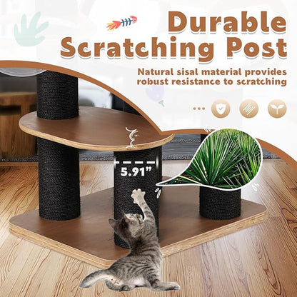 63'' Modern Cat Tree, Black Cat Tower with Scratching Post, Wooden Cat Tree for Indoor Cats Large Adult, Luxury Cat Furniture, Heavy Duty Activity Center with Transparent Bowl and Semi-Closed Condo