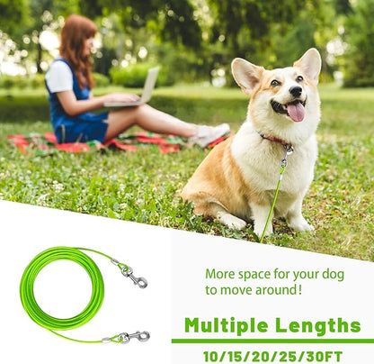 Dog Tie Out Cable 10/15/20/25/30 FT Runner for Yard Steel Wire Cable with Durable Superior Clips Green Chains for Outside Dog Lead for Large Up to 165 Lbs