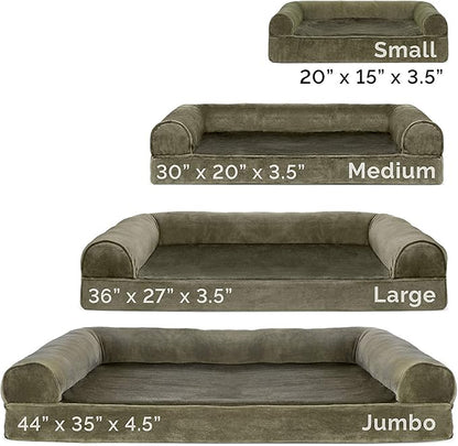 Furhaven Orthopedic Dog Bed for Large Dogs w/ Removable Bolsters & Washable Cover, For Dogs Up to 95 lbs - Faux Fur & Velvet Sofa - Dark Sage, Jumbo/XL