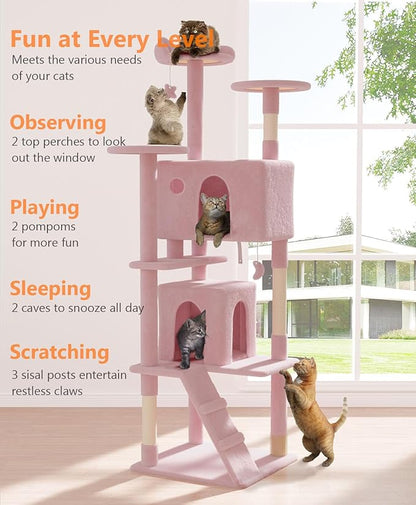 77'' Cat Tree Tower for Indoor Cats Large Adult, Cute/Tall Modern Cat Tree for Big Cats 20 lbs, Plush Multi-Level Cat Condo with Scratching Posts,Dangling Ball (Soft Pink, 77 inch)