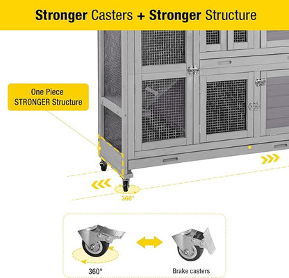 Aivituvin 47" Two Story Rabbit Hutch Bunny Cage with Wheels, Indoor Outdoor Guinea Pig Cage with 2 Deep No Leak Tray