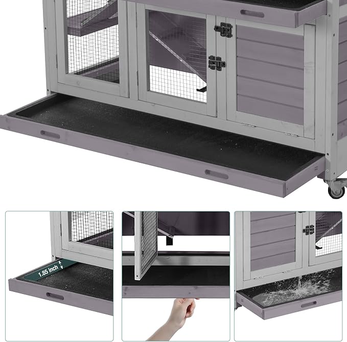 2-Tier Indoor Rabbit Hutch Bunny House Guinea Pig Cage with Sliding Plastic Trays, Wheels & Ramp, 47.2" Multi-Door Wooden Small Animal Cage for Rabbits, Bunnies, and Guinea Pigs (Grey)