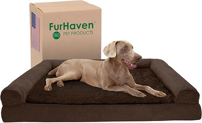Furhaven Cooling Gel Dog Bed for Large Dogs w/ Removable Bolsters & Washable Cover, For Dogs Up to 125 lbs - Plush & Suede Sofa - Espresso, Jumbo Plus/XXL