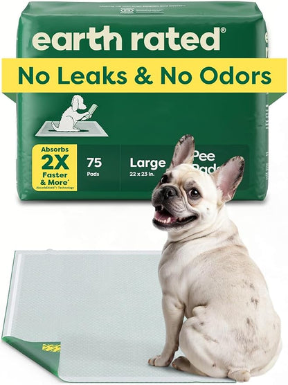 Earth Rated Max Absorbency Puppy Pee Pads for Dogs Absorbs 2X Faster & 2X More, Leak-Proof Odor-Free Potty Training Wee Wee Pad, Unscented, Large, 22” x 23”, 75 Count