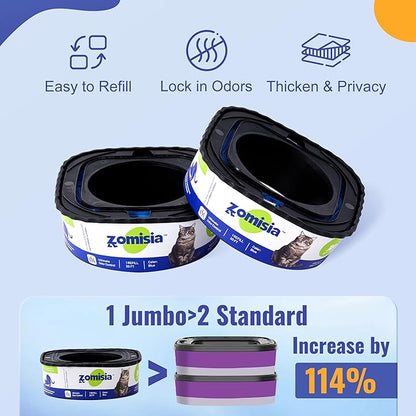 2 Pack Cat Litter Refill Bags, Non-See-Through Jumbo 60FT Cartridge Refill Total Up to 36 Weeks (Over 8 Months) Per Cat for Odor Control, Compatible with Genie Standard, Plus, Style