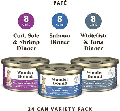 Amazon Brand - Wonder Bound Wet Cat Food, Pate, No Added Grain, Variety Pack (Cod, Sole & Shrimp, Salmon, White Fish & Tuna), 3 ounce (Pack of 24)