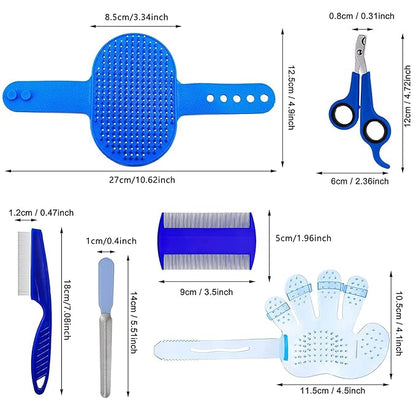 7-Piece Small Pet Grooming Kit with Brush, Nail Clippers, and Adjustable Strap for Rabbits, Hamsters, Guinea Pigs (Blue)