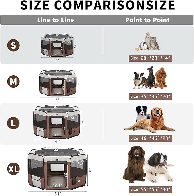 DONORO Dog Playpen Portable Pet Play Pens for Small Dog/Cat/Rabbit/Chicks, Cat Playpen Indoor/Outdoor with Carring Case, Removable Zipper Top and Bottom (Brown, Medium (35"x35"x20"), 8)