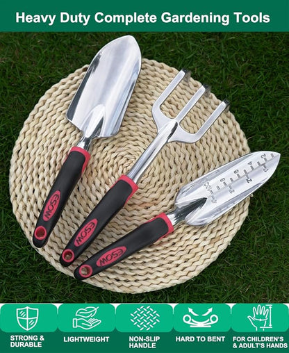ESOW Garden Tool Set with Non-Slip Rubber Handle, 3 Piece Cast-Aluminum Heavy Duty Gardening Kit Includes Hand Trowel, Transplant Trowel and Cultivator Hand Rake, Red