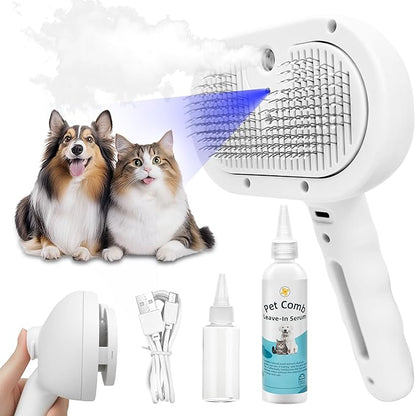4-in-1 Pet Grooming Steam Brush for Cats & Dogs – Steam Spray, Blue Light, Hair Removal, Self-Cleaning Comb – Includes Pet Waterless Shampoo