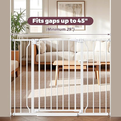29"-45" Baby Gate for Stairs, Auto Close Stroller Friendly Dog Gate Indoor for Doorways, Pressure Mounted Baby Gate, Easy Walk Through Gate for Children & Pets, White