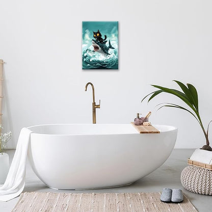 Funny Black Cat Bathroom Wall Art Cute Cat Riding Shark Canvas Wall Decor Animal Kitten Pictures Painting Print Artwork Framed Decorations Gifts for Cat Lover Kids Room Bedroom 24"x20"