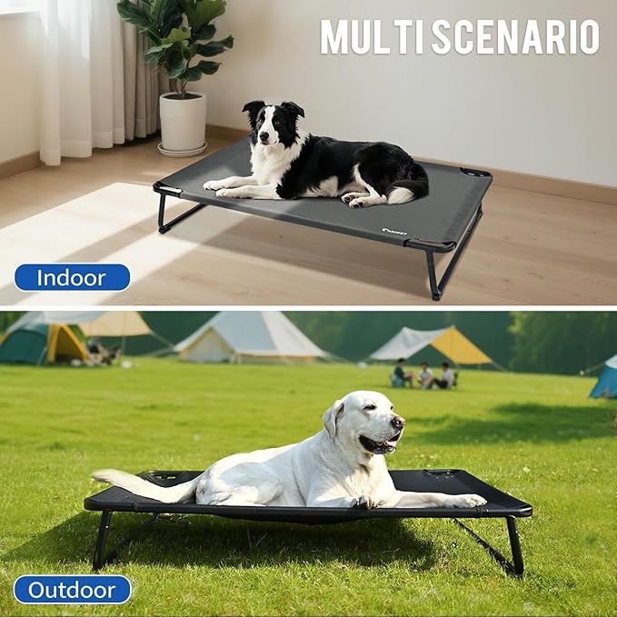 Elevated Dog Beds Extra Large Raised Dog Cots Outdoor Dog Bed Waterproof Pet Cots Stable and Easy Assembly, Teslin Fabric with 1.2mm Thick Iron Frame, Breathable, Ultra-Sturdy，Grey, 54*37*8.7