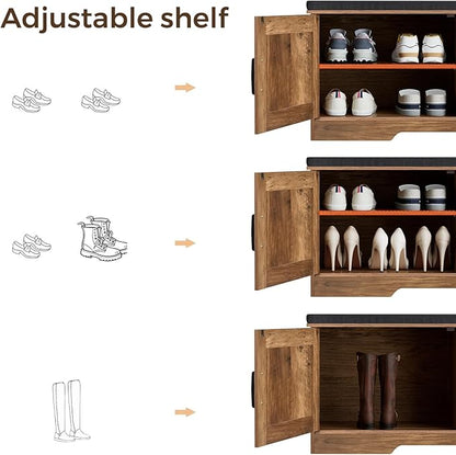 2-Tier Storage Bench, Shoe Bench with Padded Seat Cushion, Entryway Bench with 4 Barn Doors, Adjustable Shelf, 13.8" D x 47.2" W x 17.7" H, for Entryway, Living Room, Bedroom, Rustic Walnut
