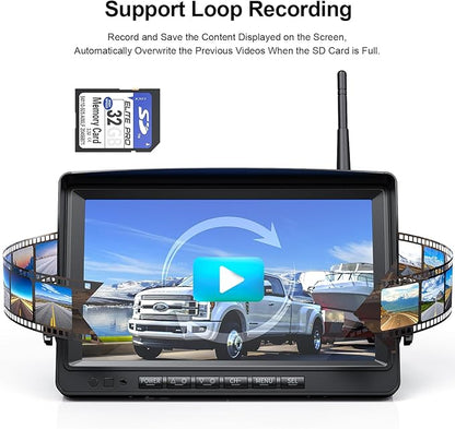 Fookoo HD 1080P 9" Wireless Backup Camera System, 9-inch Dual/Quad Split Monitor w/Recording, Supports 4 Cameras, IP69 Waterproof Rear View Cam Parking Lines 32GB SD Card for RV/Trailer/Truck(DW901)