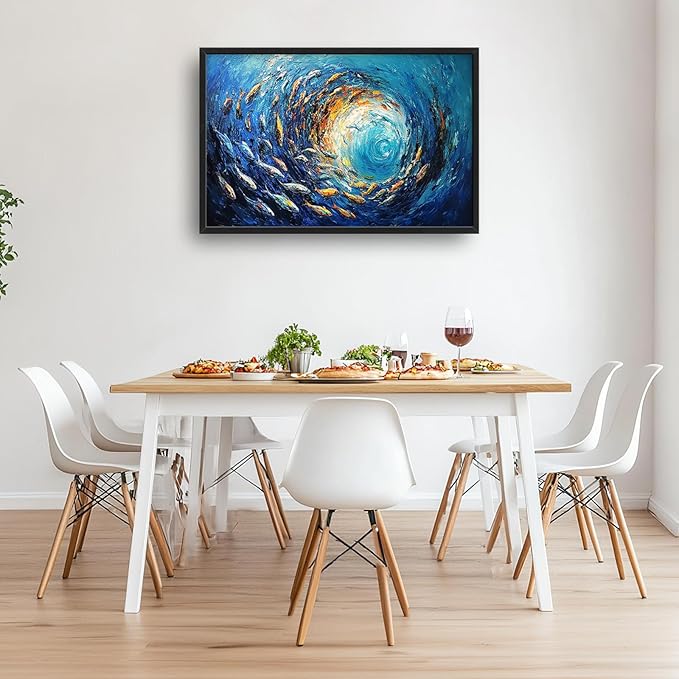 Extra Large Framed Abstract Ocean Fish Wall Art,Oversized Blue Sea Nautical Fish Wall Decor Pictures for Living Room,Canvas Print Painting Modern Artwork Bedroom Office Bathroom Home Decor 36L x24W