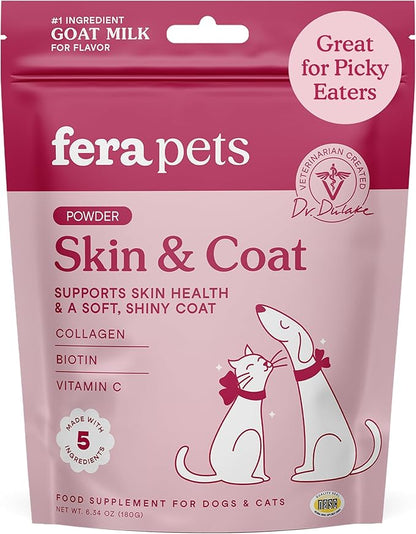 Fera Pets Goat Milk Topper - Cat & Dog Skin and Coat Supplement with Collagen, Biotin & Vitamin C - Helps Maintain Normal Skin Moisture - Promotes a Shiny Coat - for Picky Eaters - 60 TSP