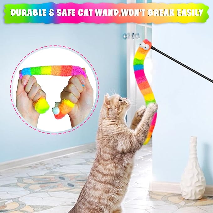 3 Pack Cat Wand Toy, Rainbow Cat Feather Toys with Bells, Teaser Wand with Soft Furry Tail, Interactive Toys for Indoor Cats & Kitten & Kitty
