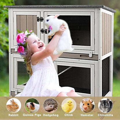 36" L Rabbit Hutch Indoor with 4 Metal Wheels, 2-Story Wooden Bunny Hutch Outdoor Bunny Cage, 2 Deeper Pull-Out Trays, Ramp, Rabbit Cage Guinea Pig Pet House for Small Animals