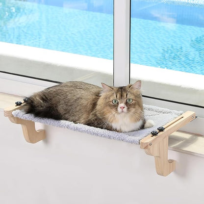 Easy Seat Cat Perch for Window Sill - Hammock Design w/Pine Wood & Robust Metal Frame - Cat Window Seat for Large Cats and Kittens (Natural Color Wood w/Gray Bed, Medium (23''W x 14''D))