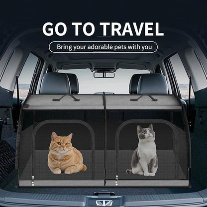 Double Cat Car Travel Carrier, Twin Compartment Show House Cat Cage/Condo，Portable Pet Crate for 2 Cats Travel Double Dog Crate Set for Long Distance Travel