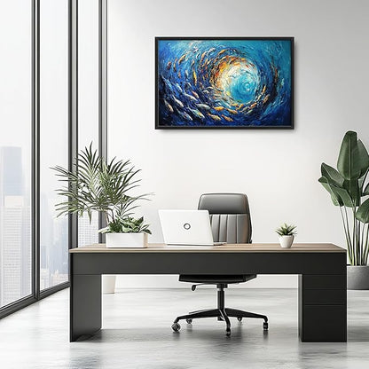 Extra Large Framed Abstract Ocean Fish Wall Art,Oversized Blue Sea Nautical Fish Wall Decor Pictures for Living Room,Canvas Print Painting Modern Artwork Bedroom Office Bathroom Home Decor 36L x24W