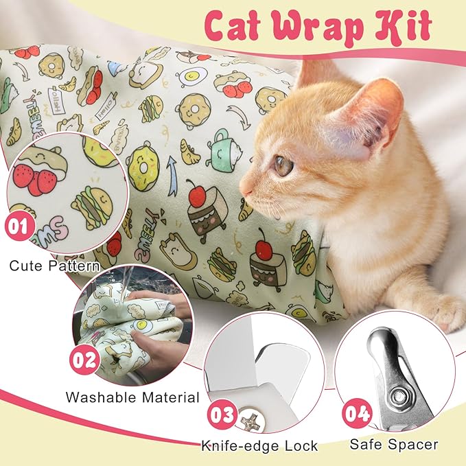 4p Cat Wrap for Cutting Nails Set, Self-Adhesive Cat Wrap Comfortable & Soft Cat Grooming Wrap Suitable for Many Cat Sizes Cat Burrito Wrap for Trimming Nails