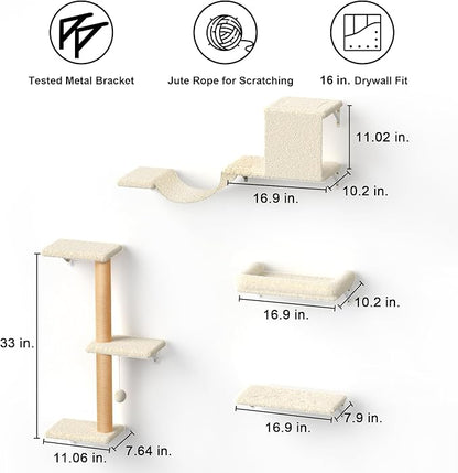 FUKUMARU Cat Wall Shelves, Stable & Safe 4 in 1 Large Cat Walls Furniture Set, Wooden Kitten Climbing Wall with Scratching Post for 16 Inch Drywall - Beige