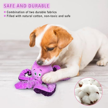Dog Squeaky Toys Octopus - Tough Plush Large Medium & Small Dog Toys - Stuffed Animals Puppy Toys - Funny Cute Dog Toy for Dog Birthday Presents (Octopus Purple)
