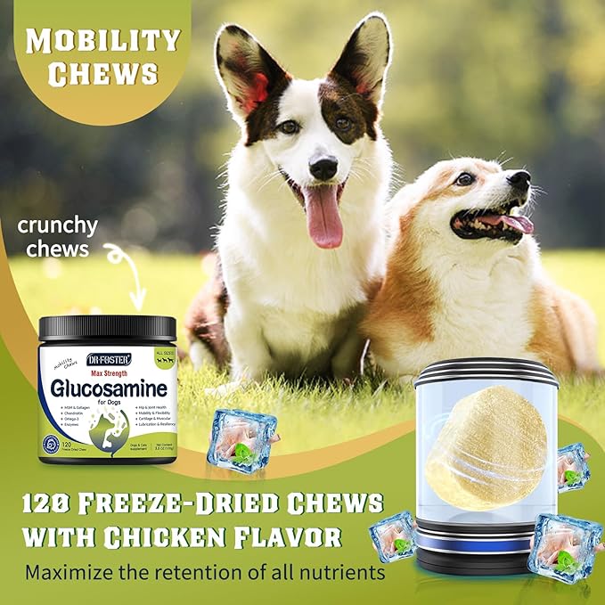 Glucosamine for Dogs, Hip and Joint Supplement for Dogs with Chicken Flavor, Anti Inflammatory, Dog's Chondroitin, Digestive Enzymes, Omega-3, Vitamin D, MSM, Calcium, Turmeric, 120 Freeze-Dried Chews