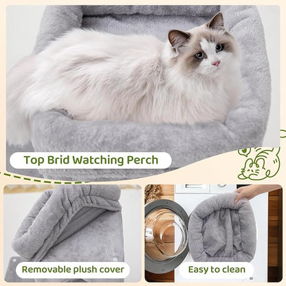 24inch Tall cat Tree with 2 cat condo and Mouse Toy Cozy Small cat Tower with Scratching Post and Board for Kitties and Small Cats.（Light Grey）