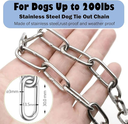 25ft Heavy Duty Chew Proof Dog Tie Out Chain Leash with Shock Absorbing Spring&Lockable Hooks-Up to 200Lbs,Use for Yard,Garden,Camping or Travel
