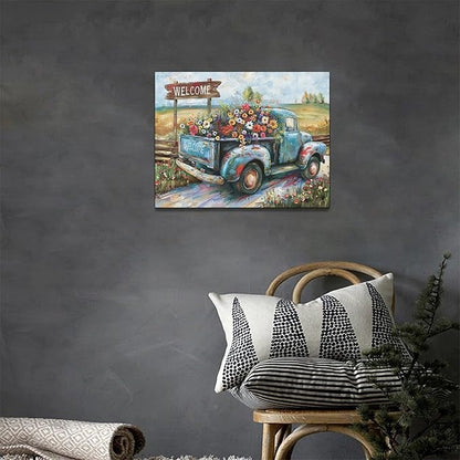 Farmhouse Truck Wall Art Rustic Country Wildflowers Wall Decor Road Flowers Landscape Pictures Canvas Print Painting Artwork for Bathroom Living Room Bedroom 12"x16"