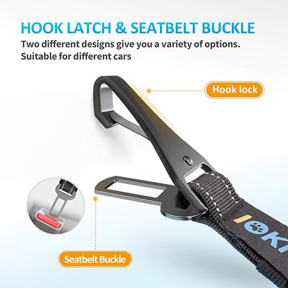 Dog Seat Belt 3-in-1 Car Harness for Dogs Adjustable Safety Seatbelt for Car Nylon Reflective Bungee Fabric Dog Car Harness with Clip Hook Latch & Buckle, Swivel Zinc Alloy Carabiner (Black)