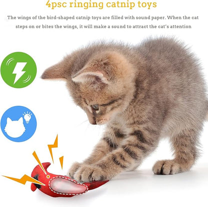 Dorakitten Cat Catnip Toys Interactive Cats 4pcs Kitten Plush Nip Chew Bird Toy with Crinkle Paper Pet Best Treats Stuffed Pillow Cute Teething Play Gifts Soft Kick Sound Supplies for Indoor Kitty