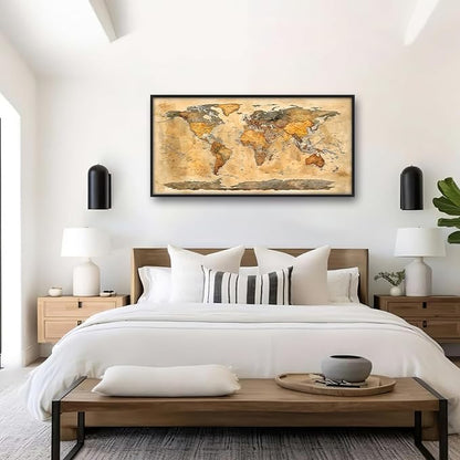 Extra Large World Map Framed Wall Art for Living Room,Oversized Vintage Map of The World Pictures Wall Decor,Canvas Print Painting Modern Artwork Bedroom Office Bathroom 60L" x 30W"