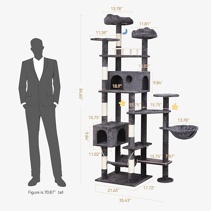 85in Giant Cat Tree for Heavy Duty Big Cats, Large Cat Trees with Scratching Post, Cat Tree Tower with Cat Condos, Hammock & Plush Perch for Maine Coon, Smoky Gray