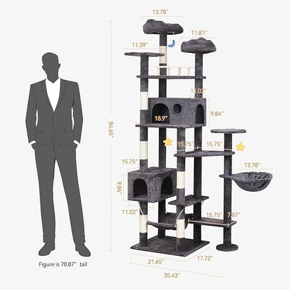 85in Giant Cat Tree for Heavy Duty Big Cats, Large Cat Trees with Scratching Post, Cat Tree Tower with Cat Condos, Hammock & Plush Perch for Maine Coon, Smoky Gray