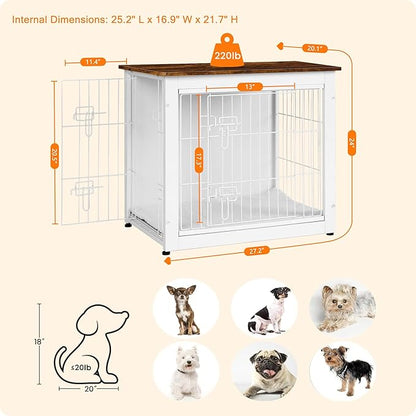 DWANTON Dog Crate Furniture with Cushion, Wooden Kennel Table with Double Doors, Indoor Dog House, Small/Medium/Large Size, 27.2" L, White+Rustic Brown