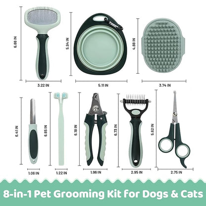 8-in-1 Pet Grooming Kit for Dogs & Cats - Includes Slicker Brush, Nail Clippers, Comb, Scissors, Toothbrush & Collapsible Bowl - Deshedding, Hair Trimming & Care Set, Travel Bag
